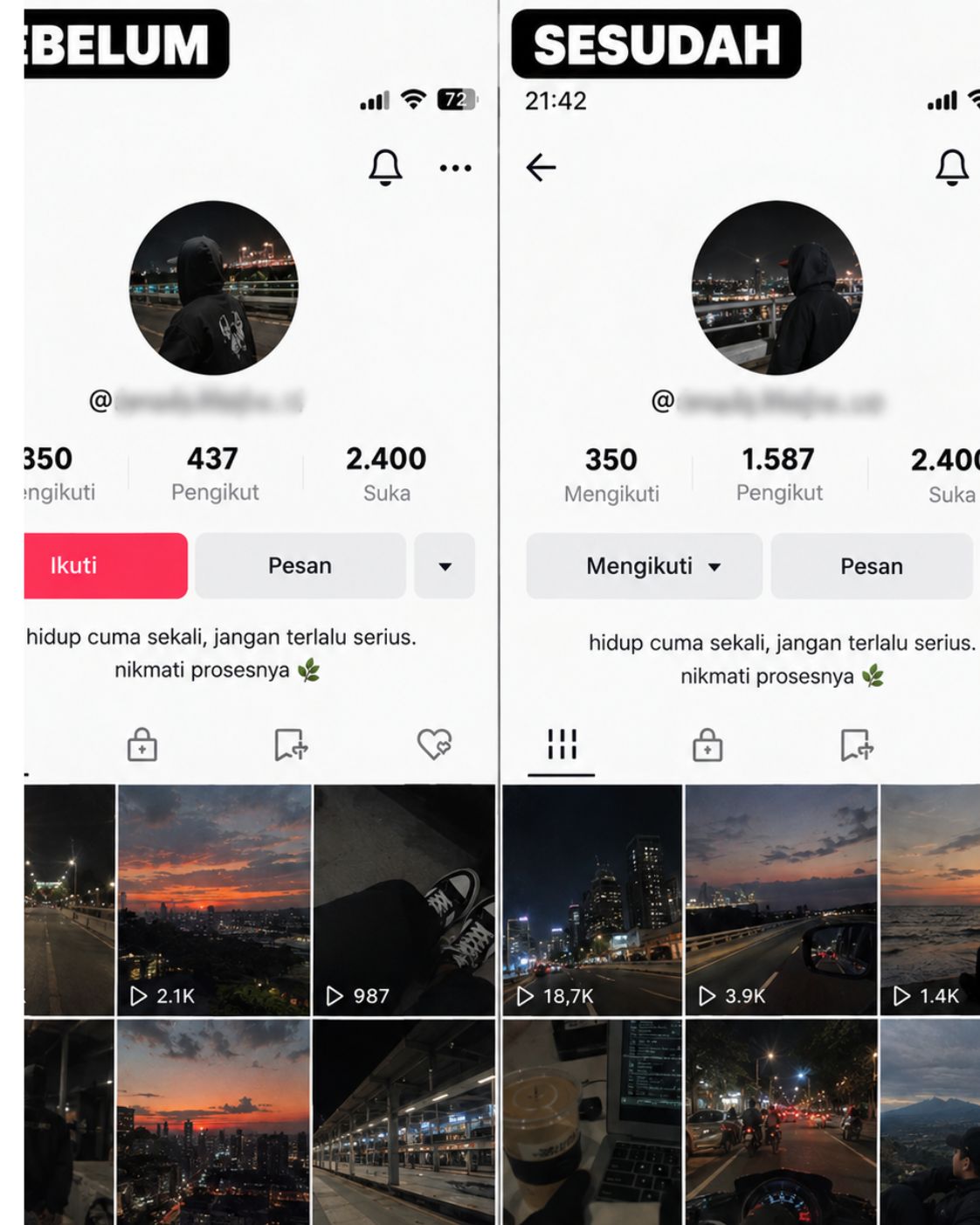 Tangkapan layar akun TikTok setelah pesanan followers masuk (1)